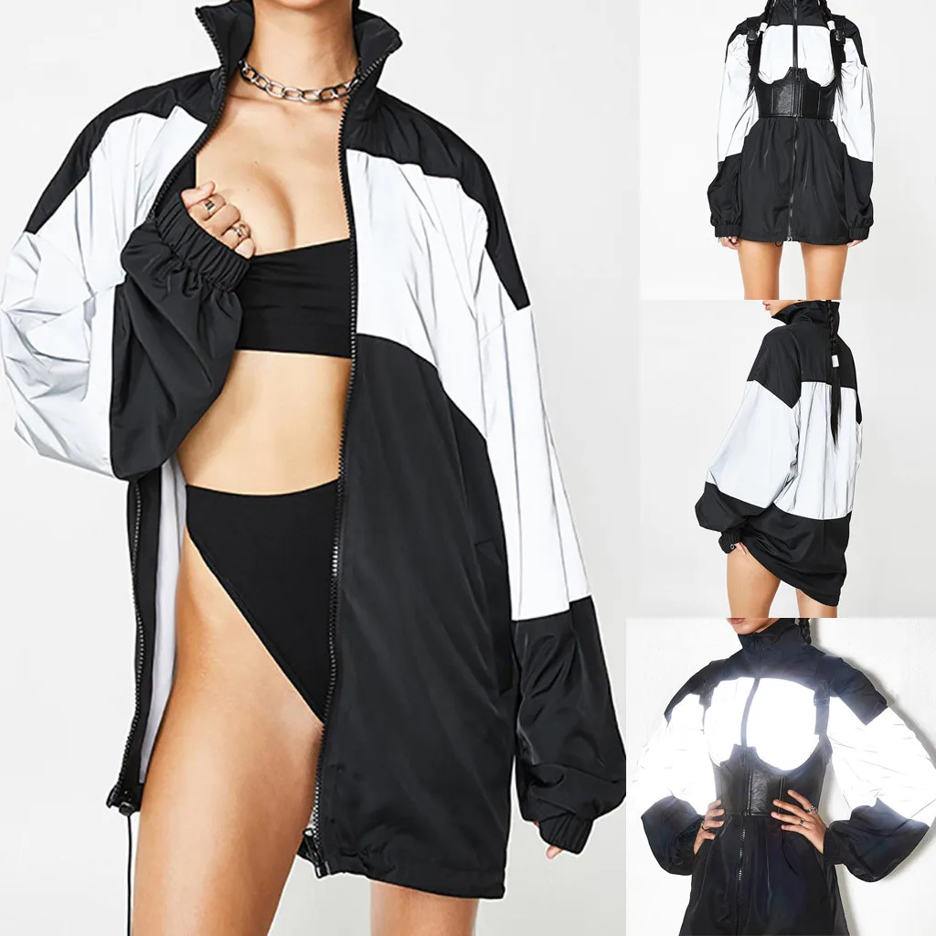 

Vogue New Listing Ladies Street Trendy Zipper Drawstring Loose Reflective Stitching Long Sleeve Long Coat Jacket Chic Fashion