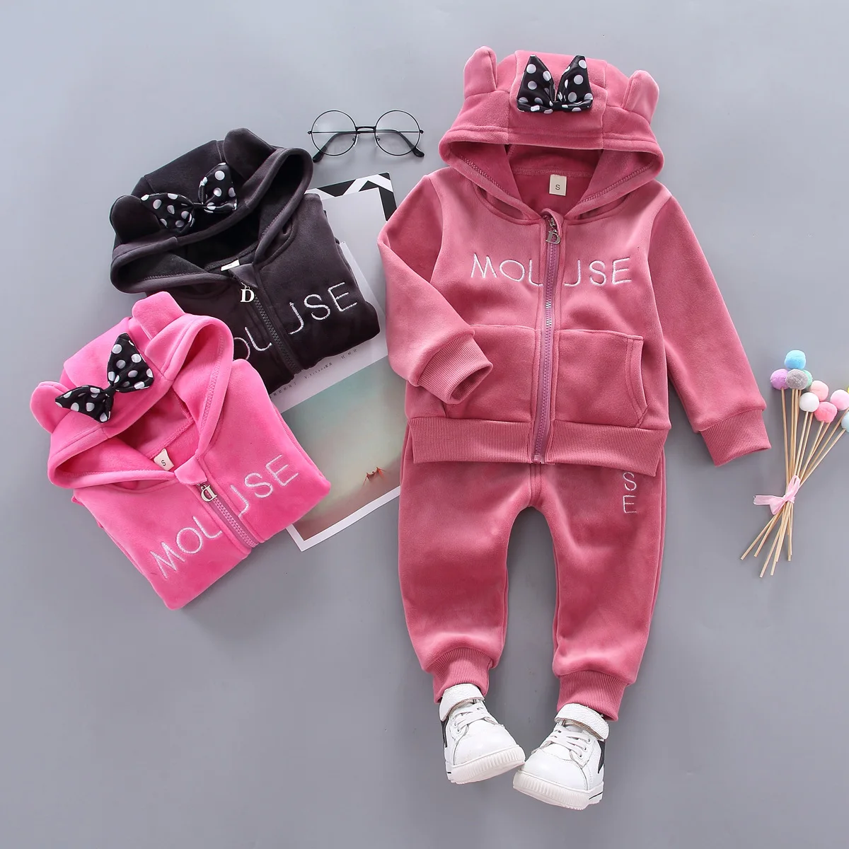 

2021 New Mouse Girls Clothing Set Autumn Pure Cotton Bow Warm Suit For Kids Hooded Sweatshirt + Pants 2Pcs Children Clothing
