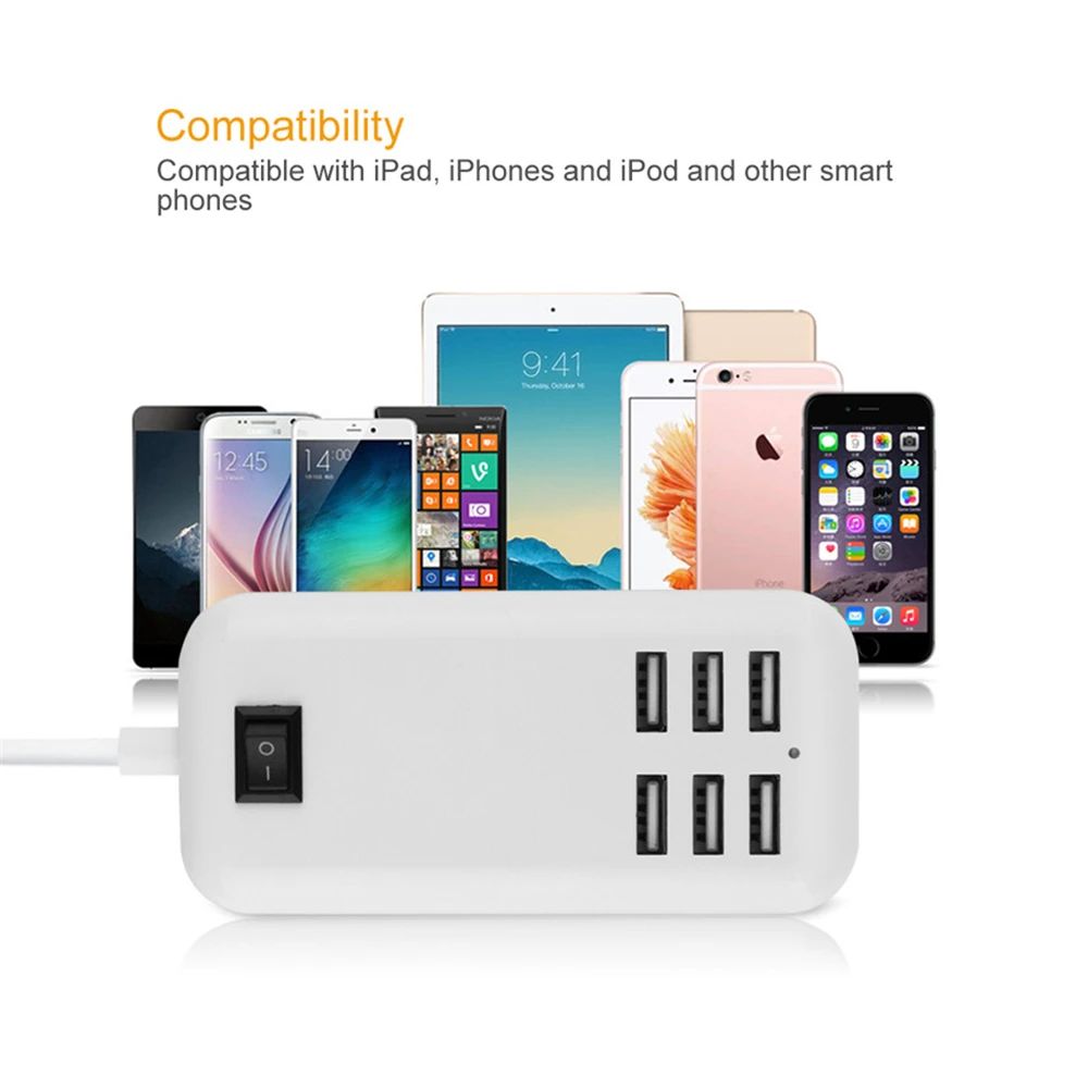 Универсальное портативное быстрое зарядное устройство с 6 USB портами