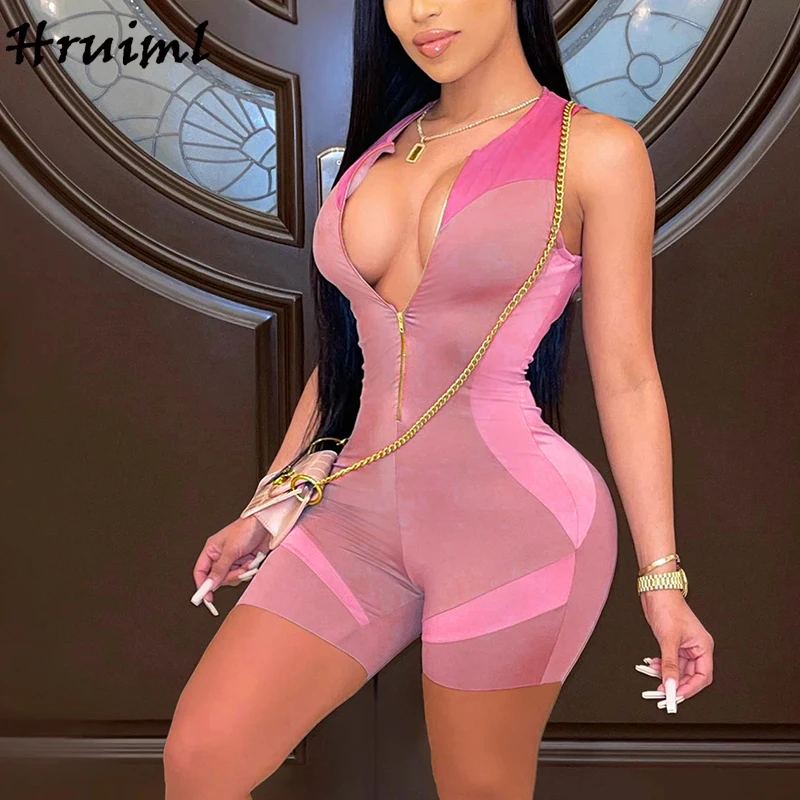 

Plus Size Women Clothing Sleeveless Zipper Patchwork Fashion Bodysuit Women Summer Solid Color Sport Jumpsuit Romper Ladies