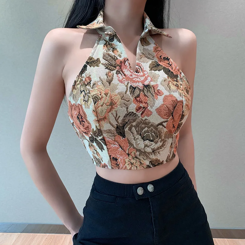

Plaid Wave Neck Womens Corset Top Official Lady Floral Print One-shoulder Halter Type Sleeveless Slim-fit Small Vest Cropped Top