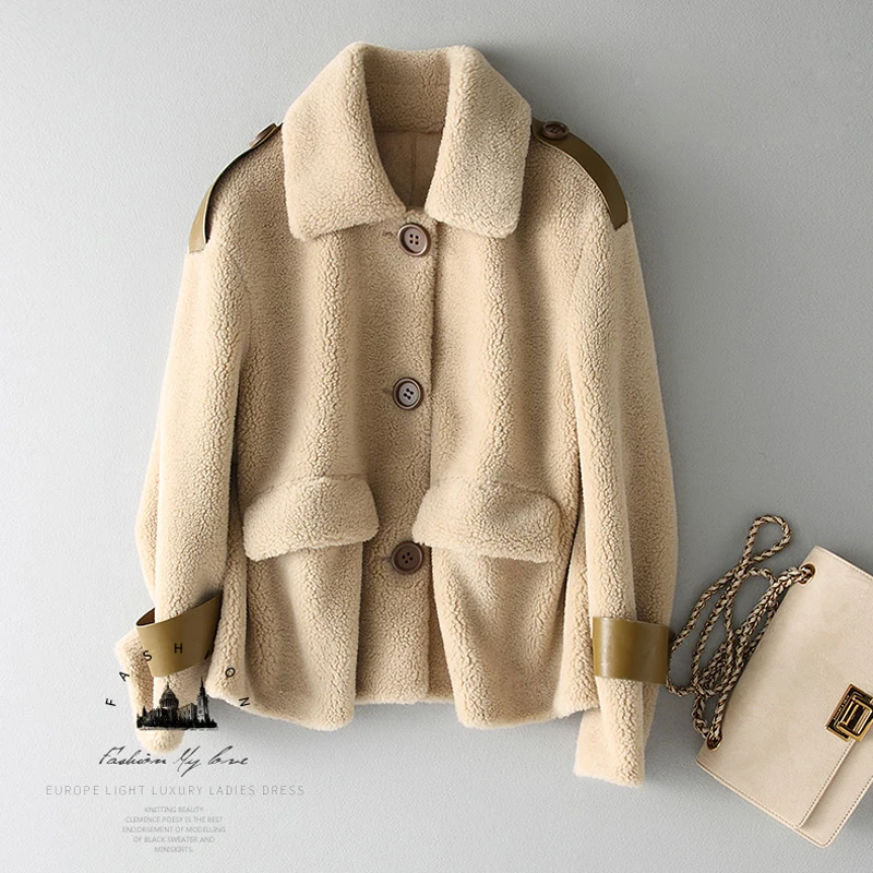 Новое пальто из гранулированной овечьей шерсти Женское шерстяное куртка Зимняя