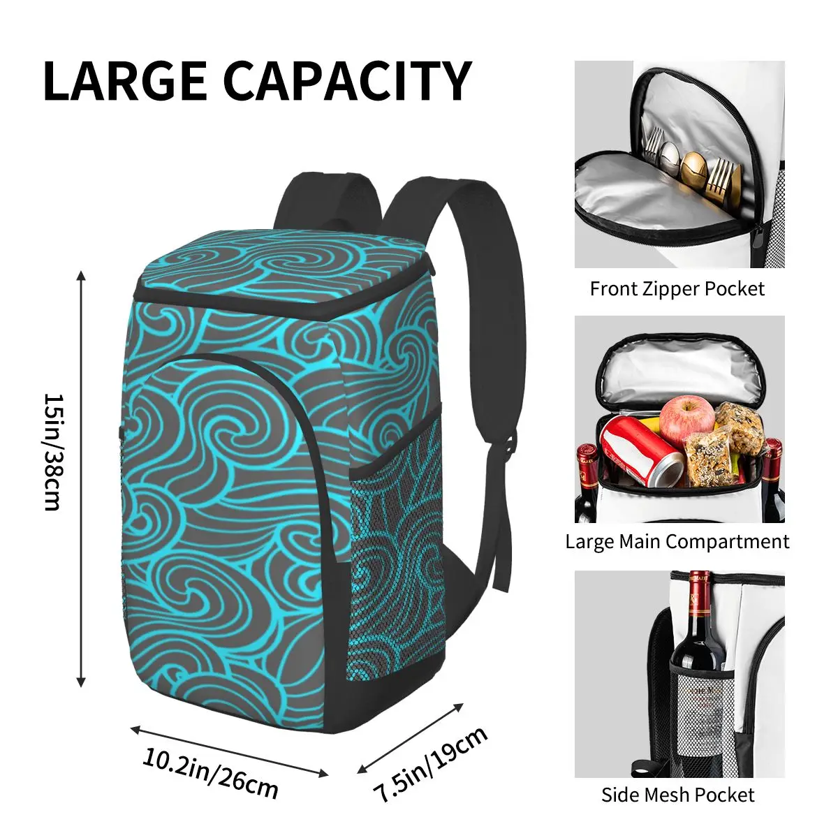 large cooler bag thermo lunch picnic box abstract waves spirals insulated backpack ice pack fresh carrier thermal shoulder bag free global shipping