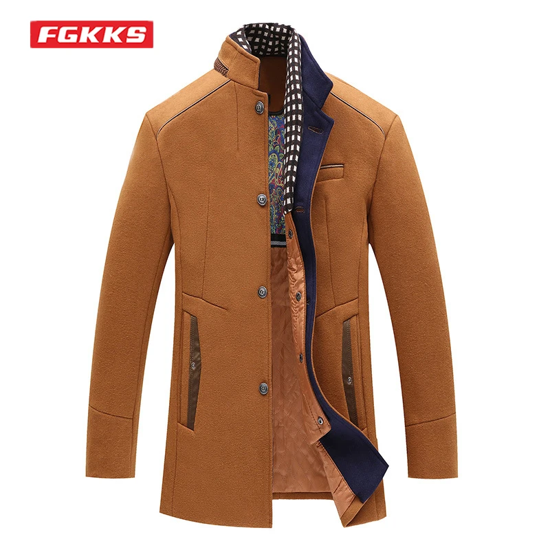

FGKKS 2021 New Winter Men Wool Coat Heavy Fashion Removable Scarf Collar Cotton-Pad Thick Woolen Coat Brand Warm Trench Coat Men
