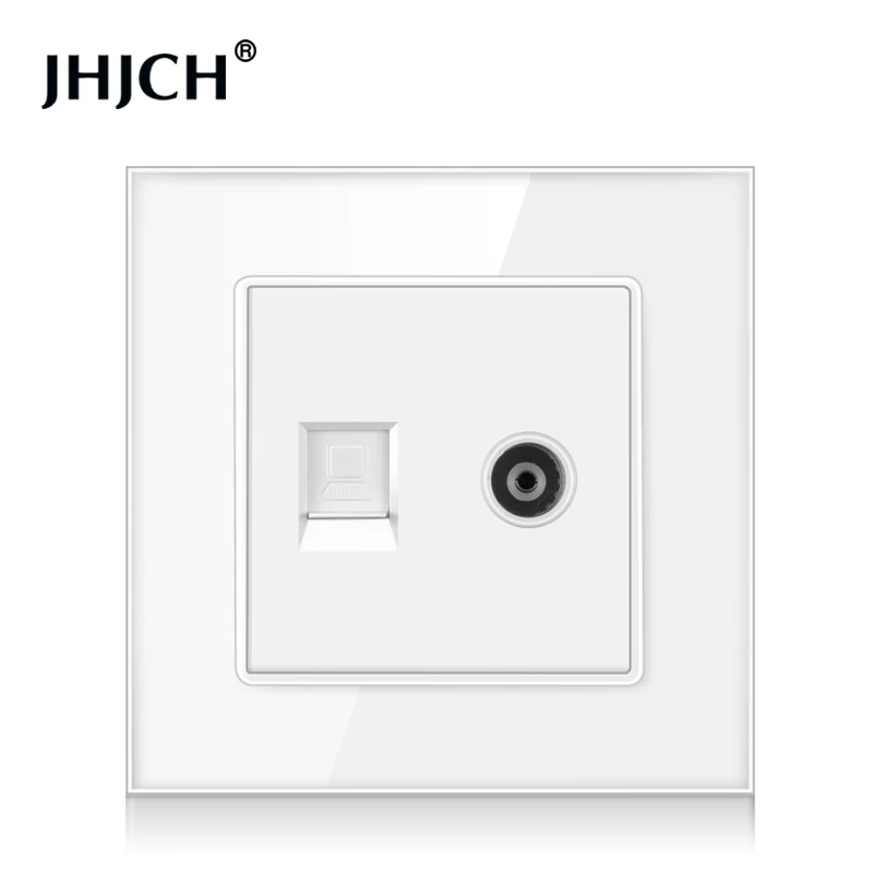jhjch crystal glass panel wall socket with cat6 rj45 internet computer data socket tv tel weak current socket free global shipping
