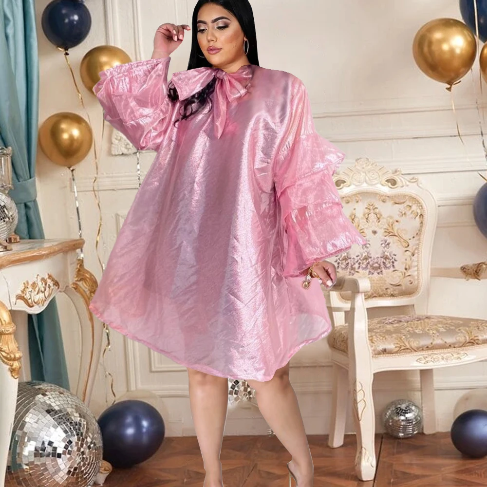 

See Through Midi Dresses for Women Party Plus Size Loose Pink Transparent Summer Casual Robe African Gowns Dropshipping Fashion