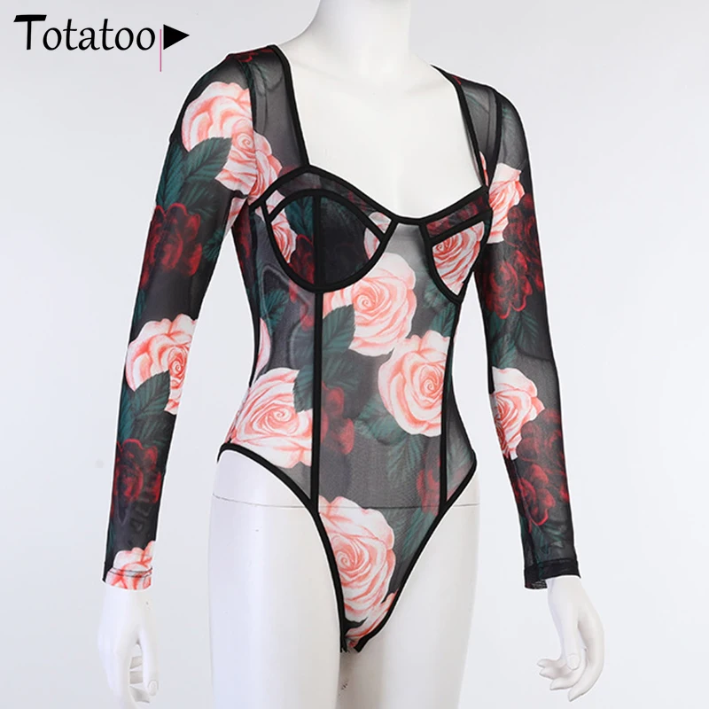 

Totatoop Women Rose Floral Print Fitness Mesh Sexy Bodysuit Square Neck Long Sleeve Rompers Female Body Tops Clubwear Overalls