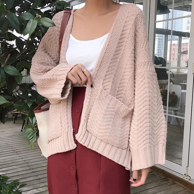 Офисный женский однотонный зимний свитер модный Свободный кардиган с v образным