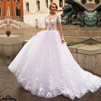 white scoop neck long sleeves princess wedding dress pearls beaded backless garden long bridal gowns 2021 robe de mariee