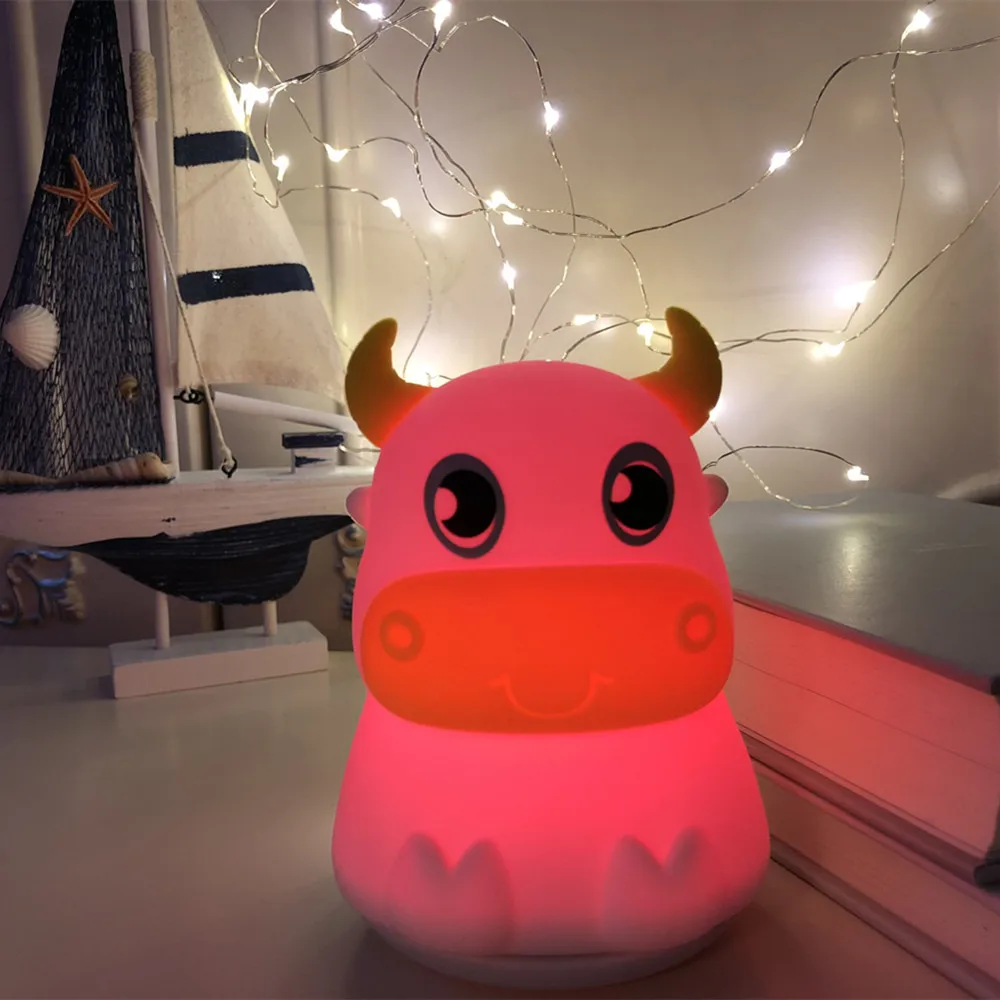 Cow LED Night Light Touch Sensor Colorful Silicone Cattle Bull Lamp USB Rechargeable Bedroom Bedside for Children Baby Gift | Лампы и