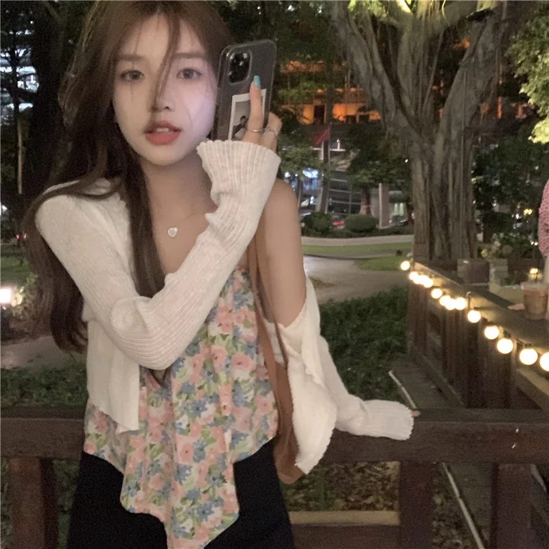 Summer Phuket Pure Sling Wind Spice Girl Sweet Broken Flower Hanging Neck Belly Pocket Versatile Cardigan | Женская одежда