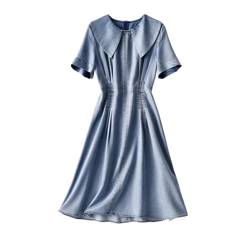 

SHUCHAN Tencel/Lyocell Denim Woman Dress Knee-Length Korean Fashion Dress Turn-down Collar Summer Newest