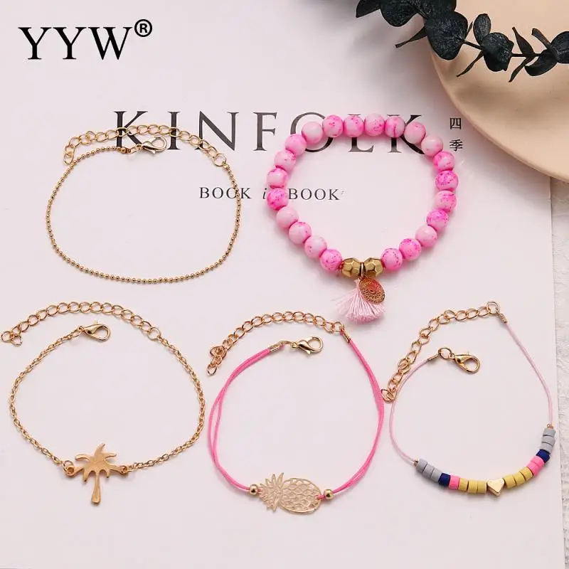 5 шт. розовый женский изящный браслет набор из стеклянных бусин хлопковый шнур
