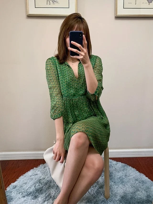 

Elfbop Silk Ladies V Neck Shimmer Thread Elfbow Sleeve Short Dress - Women/Female Green/Brown Lurex METALLIC YARN Mini Dress