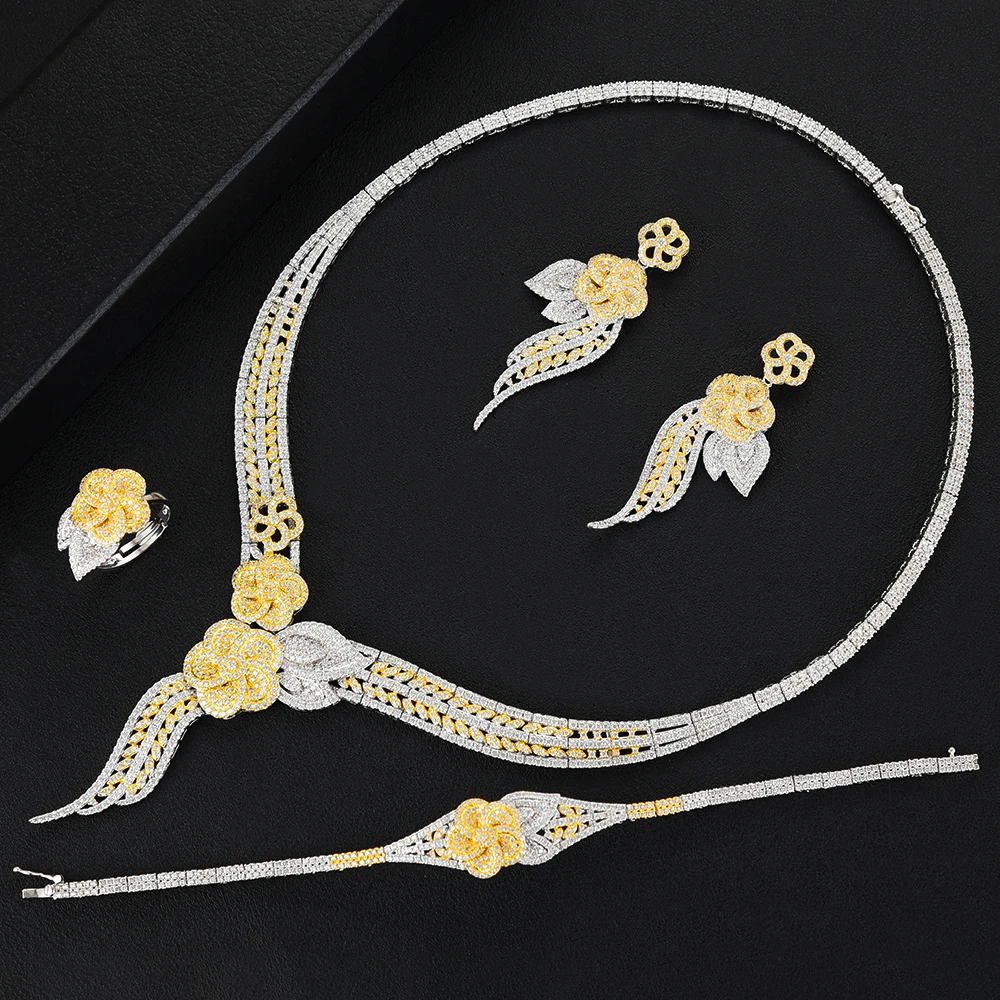 

KellyBola Tassel Flower Leaf Luxury Women Nigerian Wedding Naija Bride Cubic Zirconia Necklace Dubai 4PCS Dress Jewelry Set