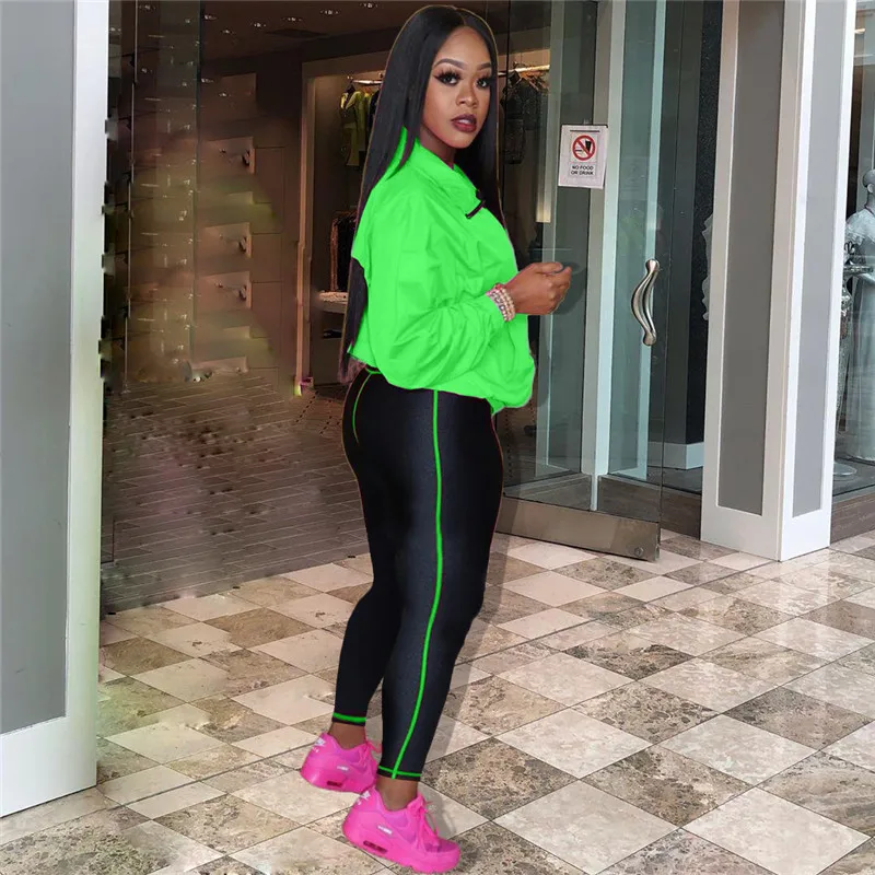 Adogirl флуоресцентный зеленый женский спортивный костюм Athleisure комплект из двух предметов со стоячим воротником куртка с длинными рукавами пальто узкие брюки спортивная одежда