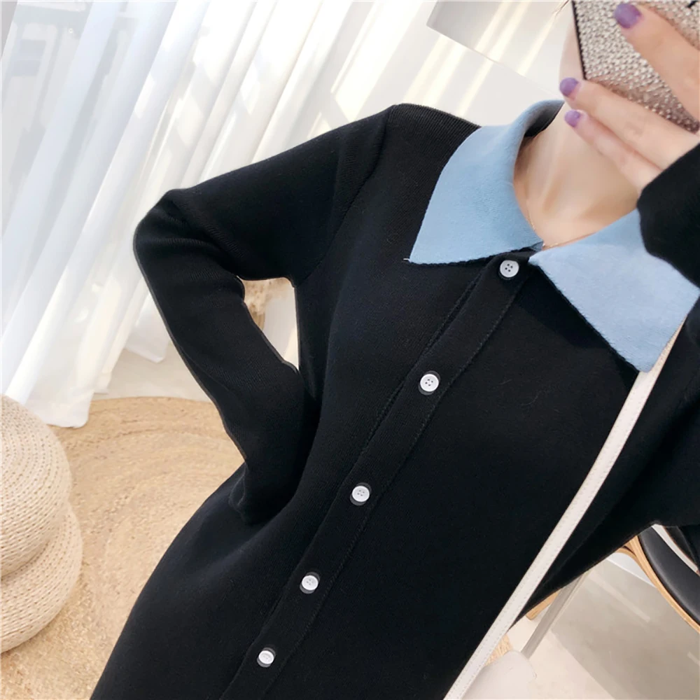 

YUANYUANJYCO Autumn Women Ankle-Length Casual Knitted Dress Patchwork Button Straight Peter Pan Collar Long Sleeve Woman Dresses