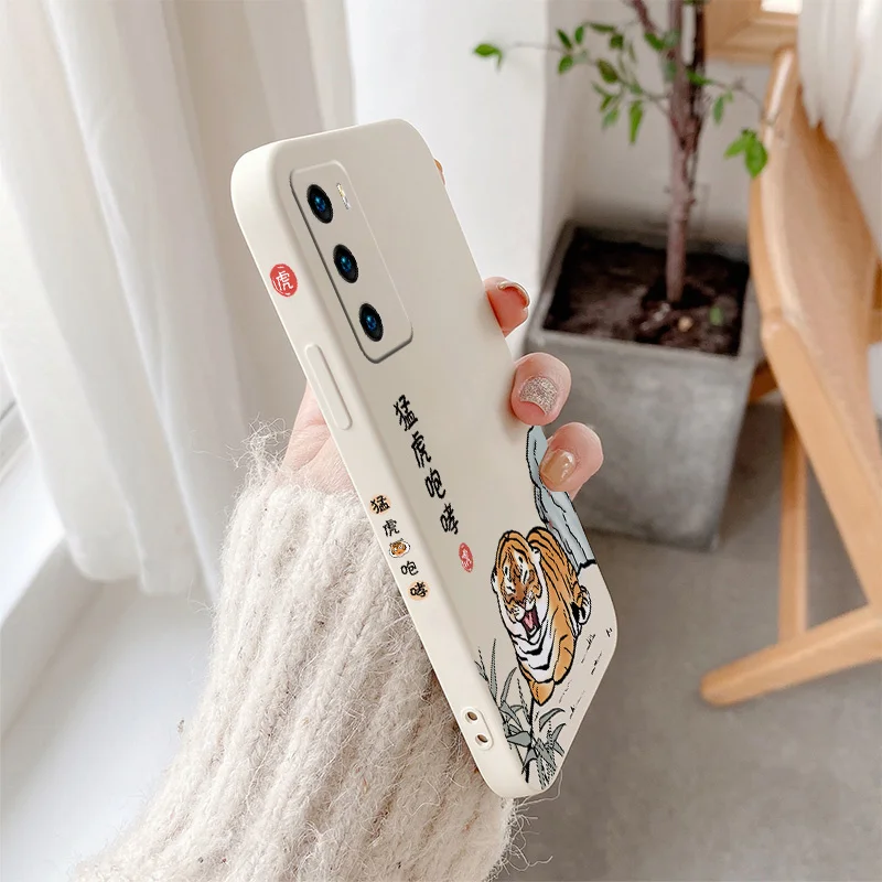 

Roaring Tiger Liquid Silicone Case For Huawei P40 P50 P30 P20 Pro Lite Mate 40 30 20 Pro Lite Nova 5t Y7A Soft Phone Cover Case