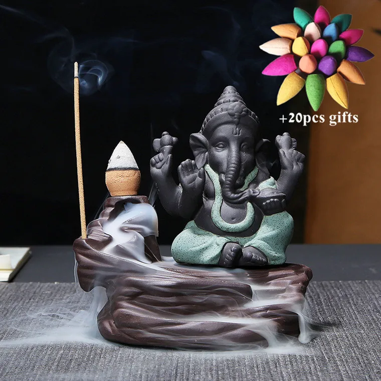 Green-B Керамический Бог слон Ganesha курильница для благовоний горелка Индия водопад курильница подставка для ароматических палочек домашний декор+ 20 шт Бесплатные конусы - Цвет: Green-B