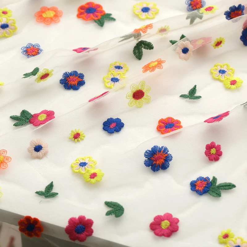 

Net Gauze Fabric Colored Flowers Embroidery Lace Fabri Dress Skirt Fabric Exquisite Embroidery Fabric White Apricot