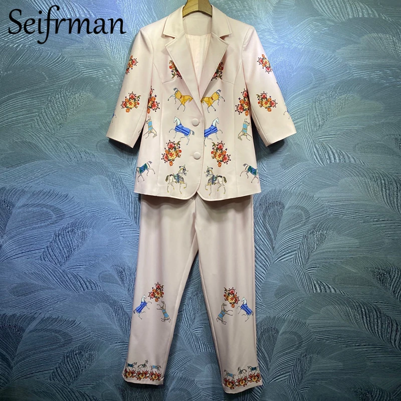 

Seifrmann Женская летняя обувь модные дизайнерские комплект со штанами с печатным рисунком и длинным рукавом облегающее пальто + юбка с высокой ...