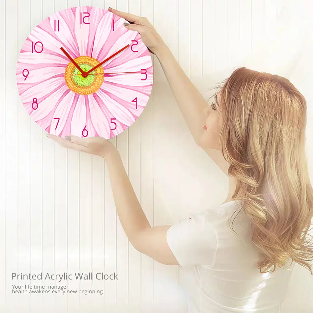 

Pink Watercolour Gerbera Daisy Flower Printed Wall Clock Watch Botany Pattern Non-Ticking Silent Movement Horologe Modern Design