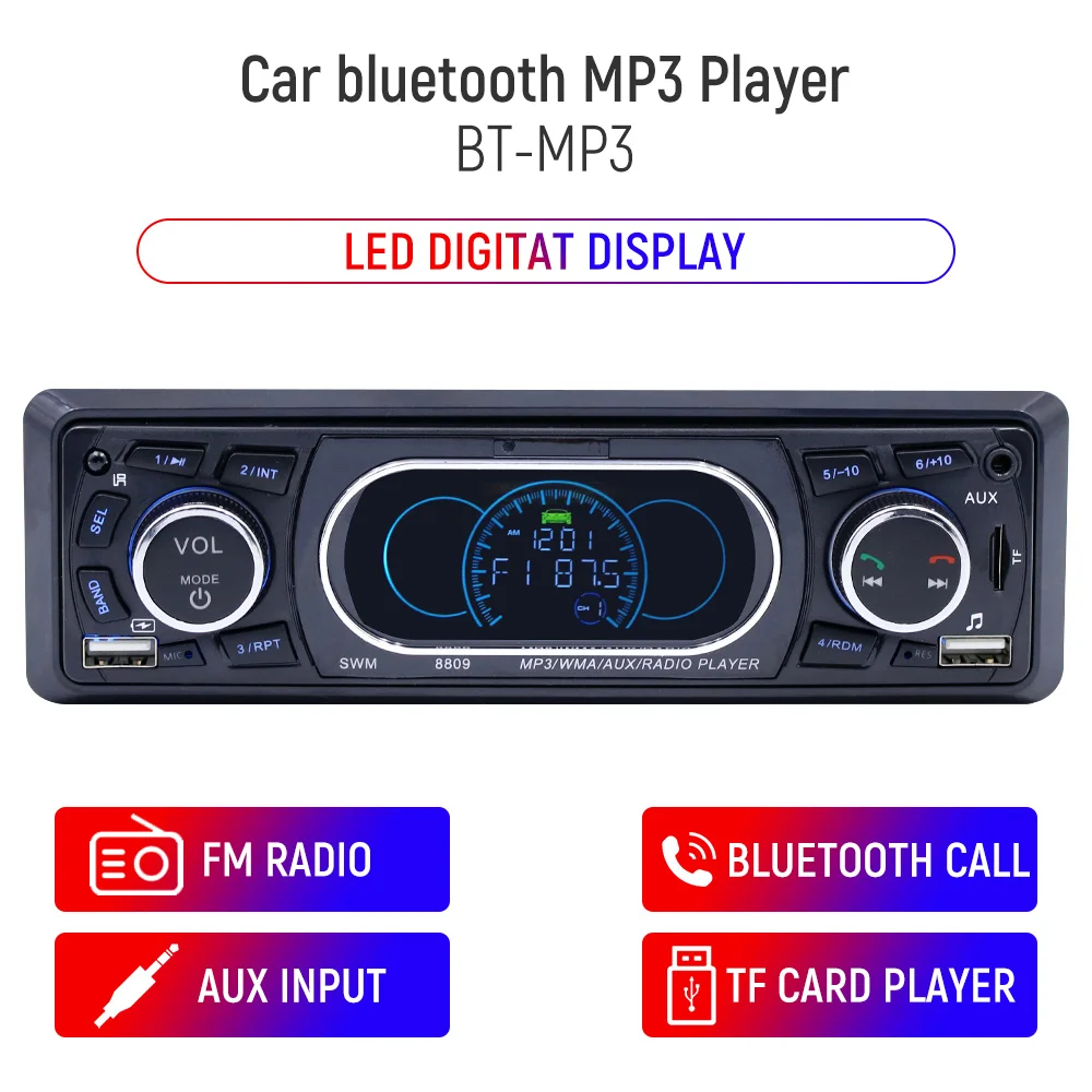 

SWM-8809 Car Stereo MP3 Player Durable Bluetooth FM Radio Head Unit Media Receiver Auto Electronics Accessories Multi-function