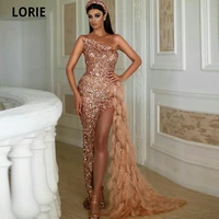 lorie unique sequins shinee evening dresses mermaid long with feathers high split formal prom dresses 2020 plus size special