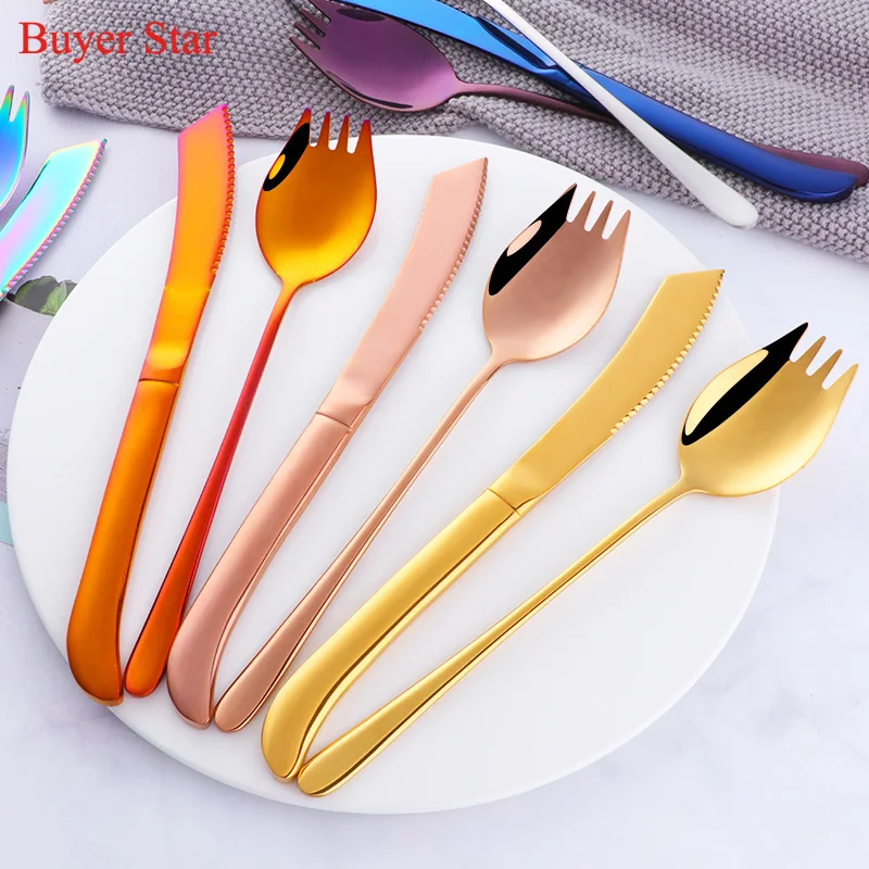 

2pcs Gold Cutlery Set Long handle Stainless Steel Spoon Fork Spork Steak Knife Metal dinnerware 2 in 1 flatware kitchen utensil
