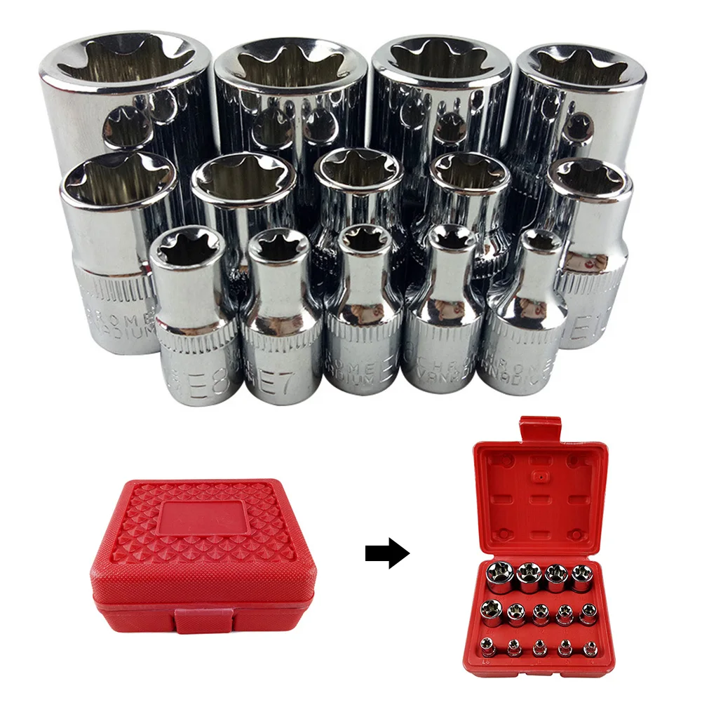 

14pcs Hand Tools Home Steel E4-E24 Drive Combination Durable Metric Repair Bit E Star Torx Socket Set Portable