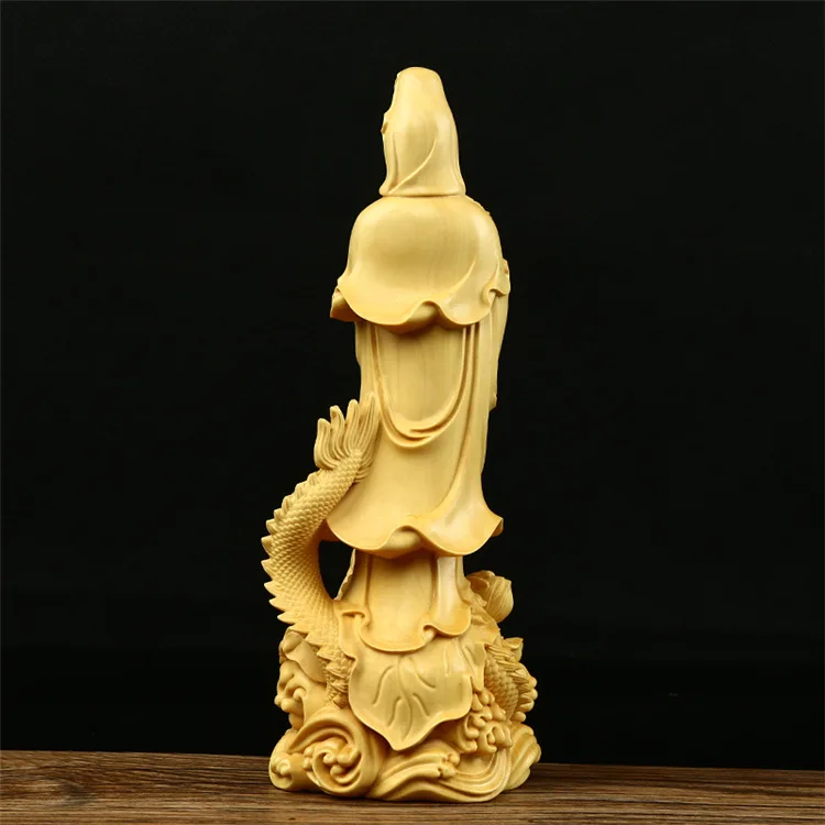 

Boxwood 16cm Guanyin Sculpture Wood Carving Buddha Statue Worship Guan Yin with Dragon Home Decor