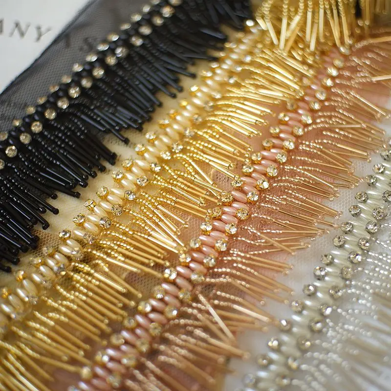 5CM Luxury Beading Tassel Fringe Lace Trim Tulle Mesh Beaded Lace Gold Black Pink Silvery 1 Meter