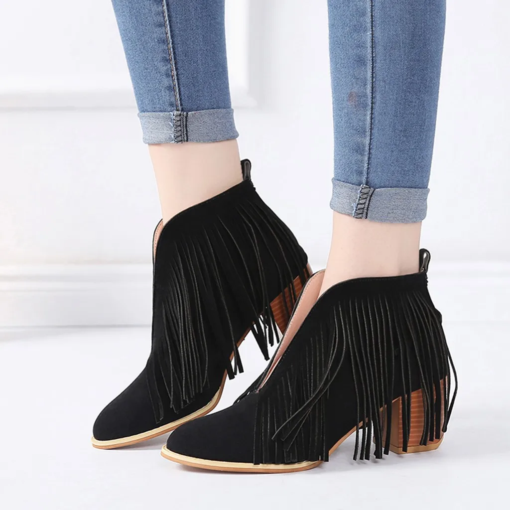 Женские леопардовые ботинки с бахромой и кисточками модные однотонные