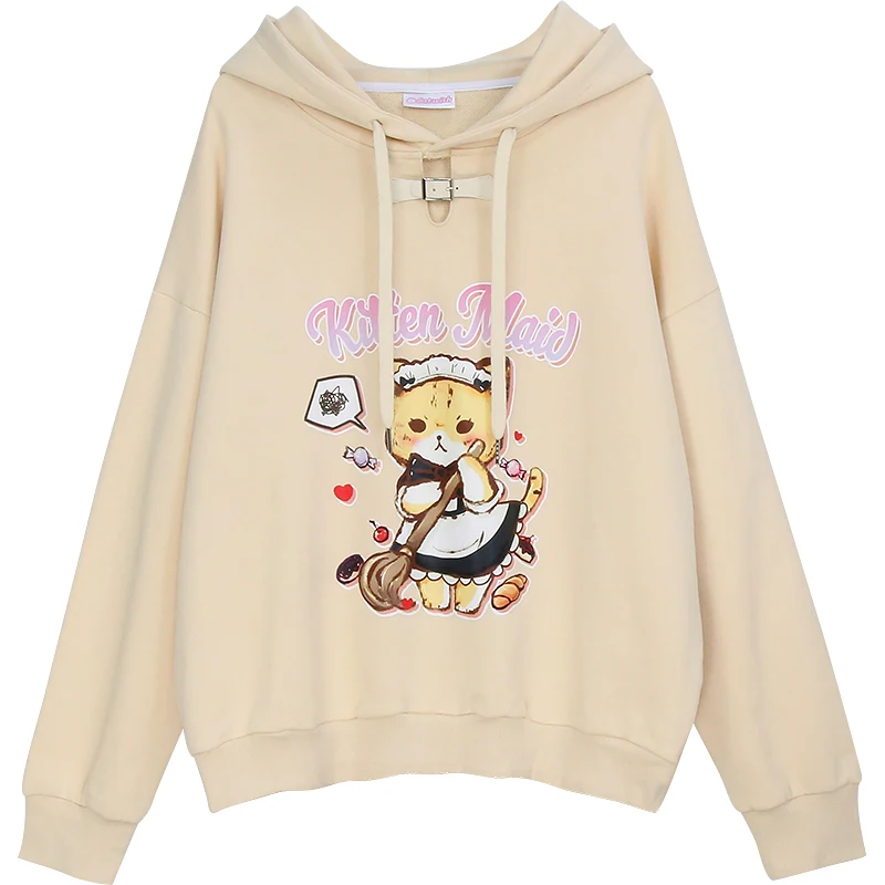Бежевая Толстовка в стиле Харадзюку с изображением котенка горничной кота