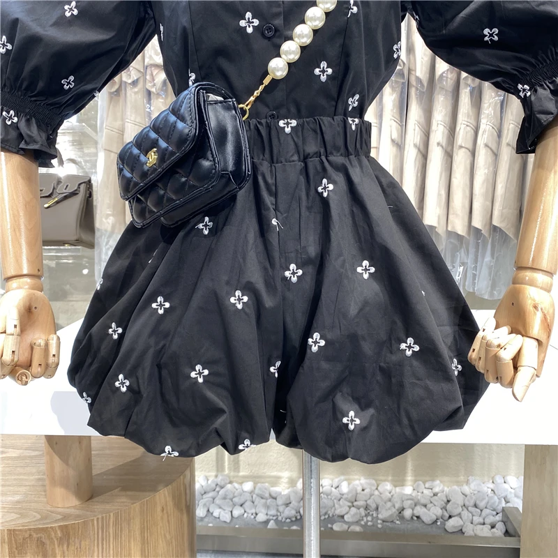 

Niche Design Fair Lady Shirt Of Short Money Of Print Of Sleeve Of Bubble Bubble + Knickers Of Elastic Waist Wide Leg Two Suit