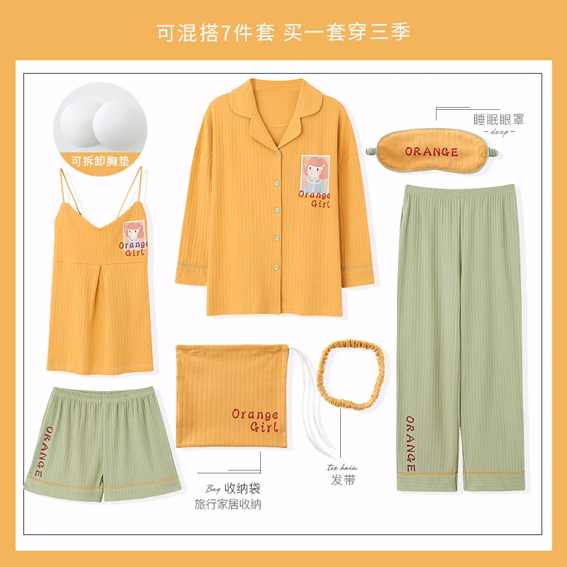 

JRMISSLI Ladies Sale Seven-Piece Pajamas Four Seasons Set Sweet Long Satin Pyjama Neck Shirt Pants Comfort Nature Sleepwear