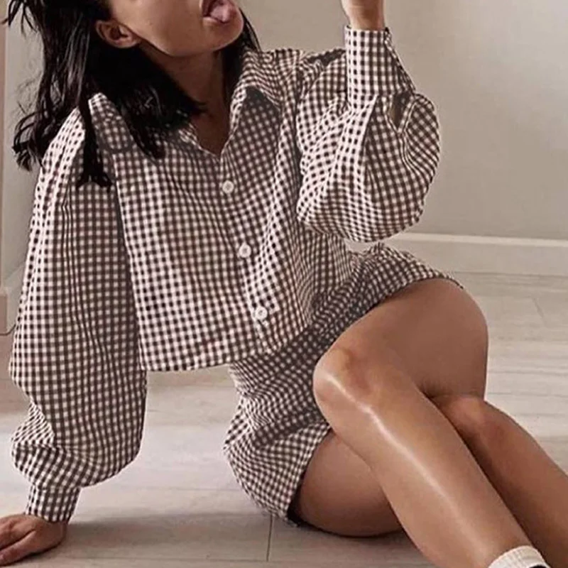Pink Y2K Casual Plaid Lounge Wear Women Tracksuit Shorts Set Long Puff Sleeve Shirt Tops And Mini Two Piece |