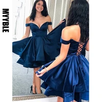 myyble lovely off the shoulder v neck navy blue satin short homecoming dresses 2020 ball gown prom dress graduation party gowns