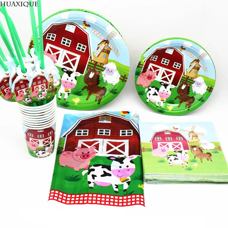 

Farm Animals Theme Disposable Tableware Paper Plates Napkins Cups Kids Birthday Decoration Dinnerware Baby Shower Supplies