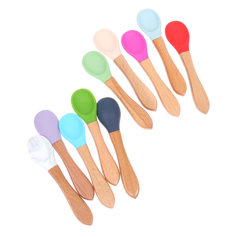 Cuchara de silicona para beb&eacute;, para aprendizaje cuchara de madera de Color caramelo, antideslizante, herramientas de alimentaci&oacute;n de alimentos-2