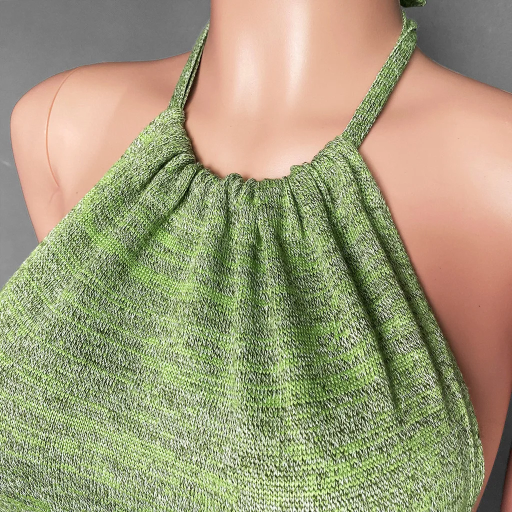 

2021 Green Backless Mini Dress Beach Women Halter Neck Sleeveless Summer Black Off Shoulder Party Knit Bodycon Dresses Sexy Wear