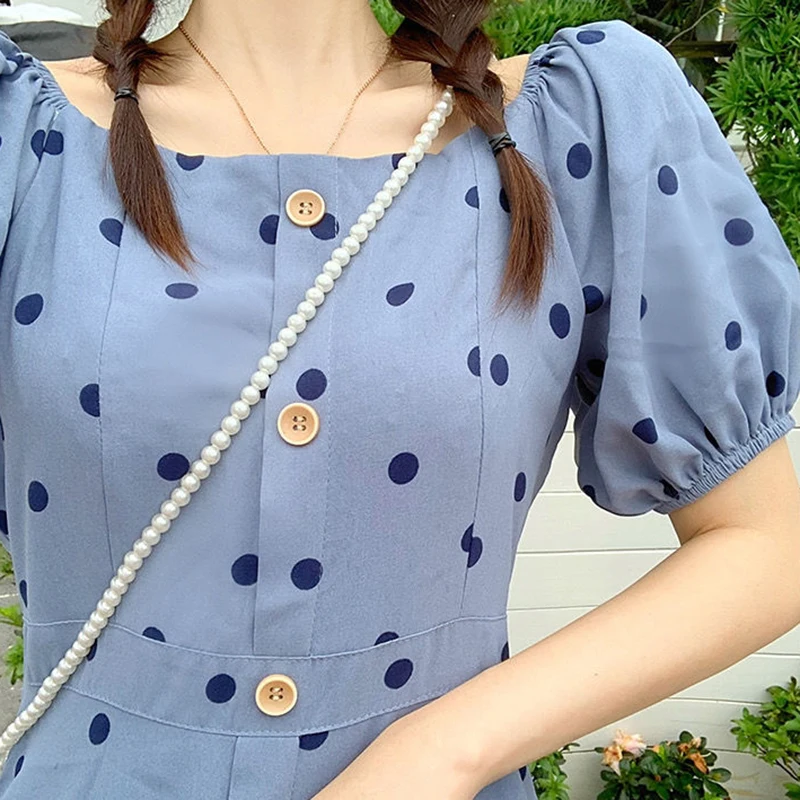 

2021 Summer Dot Printing Square Collar Single-breasted Midi Dress Fashion Office Plus Size 4xl Women Dress New Slim Blue Dresses