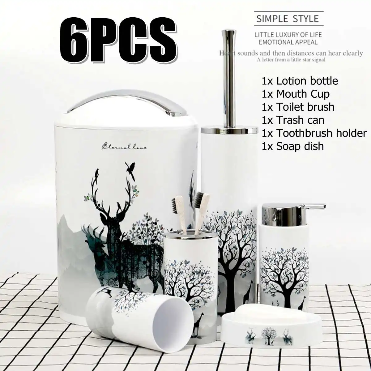 Nordic 6Pcs/Set Printing Bathroom Accessory Set Lotion Dispenser Toothbrush Holder Tumbler Cup Soap Dish Toilet Brush Trash Ca