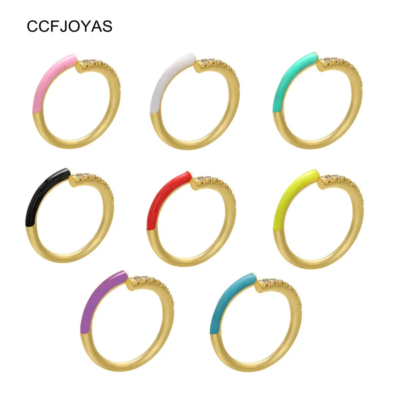CCFJOYAS Multicolor Rainbow Oil Dripping Micro-Inlaid Zircon Ring for Women High Quality Copper Open Ring Jewelry Accessories