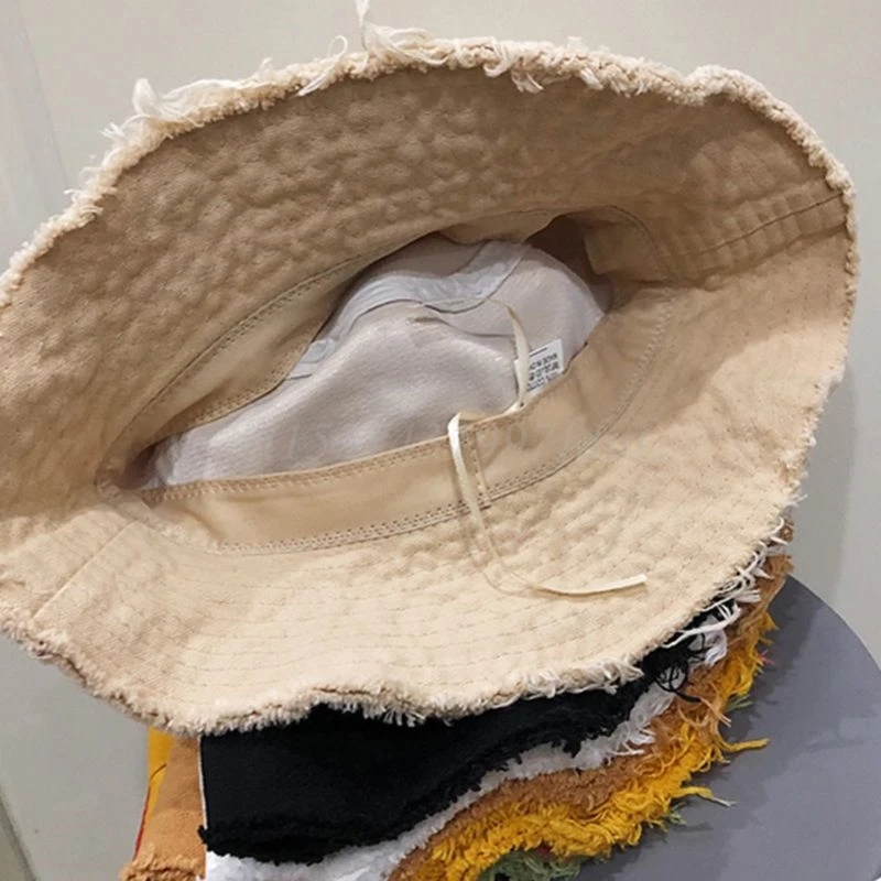 

Women Sunscreen Cotton Bucket Hat Vintage Frayed Tassels Wide Brim Fisherman Cap