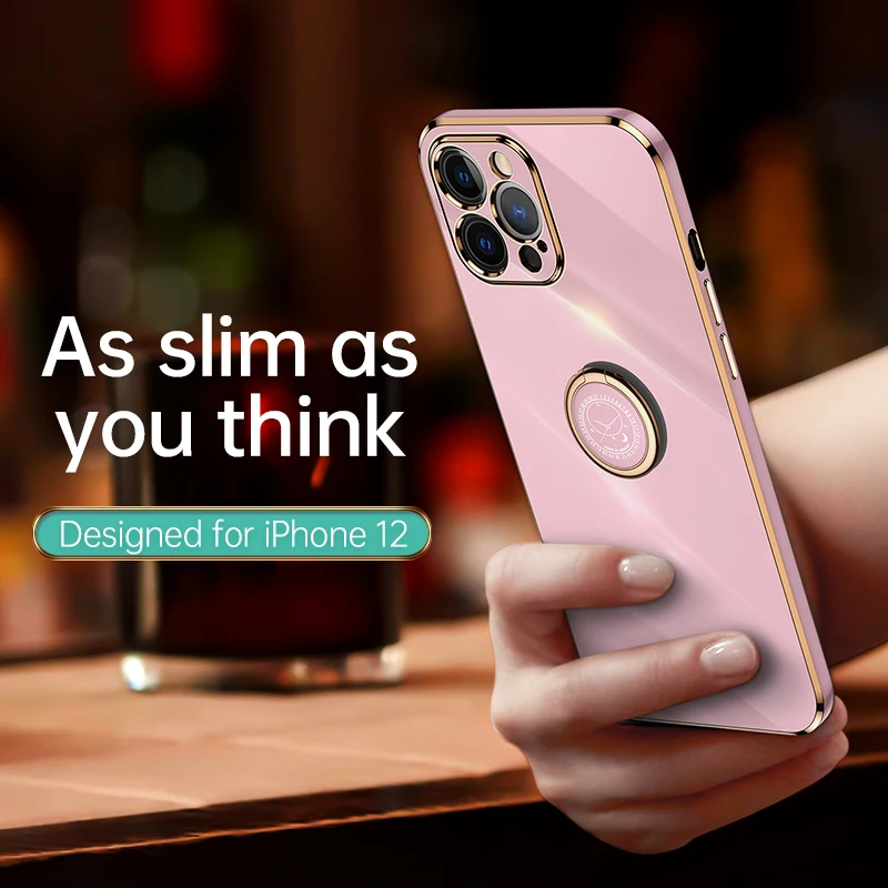 Plating Square Ring Holder Phone Case On For Iphone 11 12 Pro Max 12pro 11pro 8 7 6 S Plus 10 X Xr Luxury Silicone Stand Cover