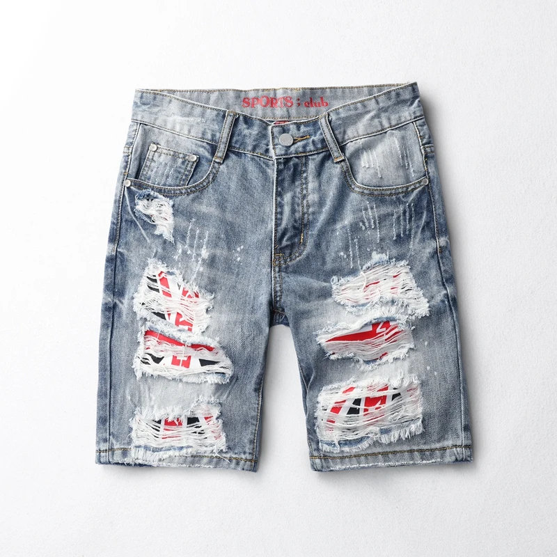 

Summer Pop Cotton Denim Shorts Men Fashion Casual Knee Length Shorts Men Premium Straight Slim Hole Denim Shorts Size 28-36