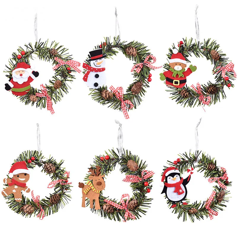 

Christmas Wreath Pendant Santa Claus Elk Snowman Christmas Decoration For Home Christmas Tree Pine Cone Pendant PVC Ornaments