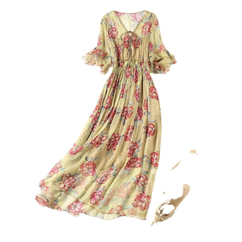 

2021 lotus leaf sleeves middle sleeves lace hedging high waist temperament commuter mid-length skirt printed silk dress women