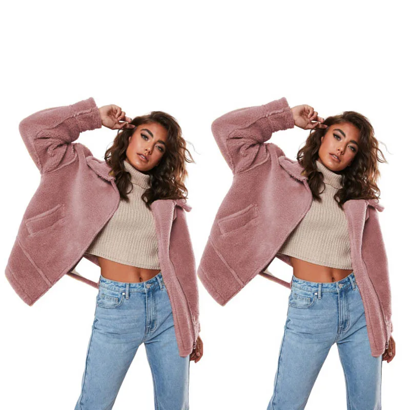 

Winter Teddy Plush Coat Women Short Suede Jackets Female Thick Warm Fashion Outerwear Clothing Ladies Faux Fur Pink Windbreaker